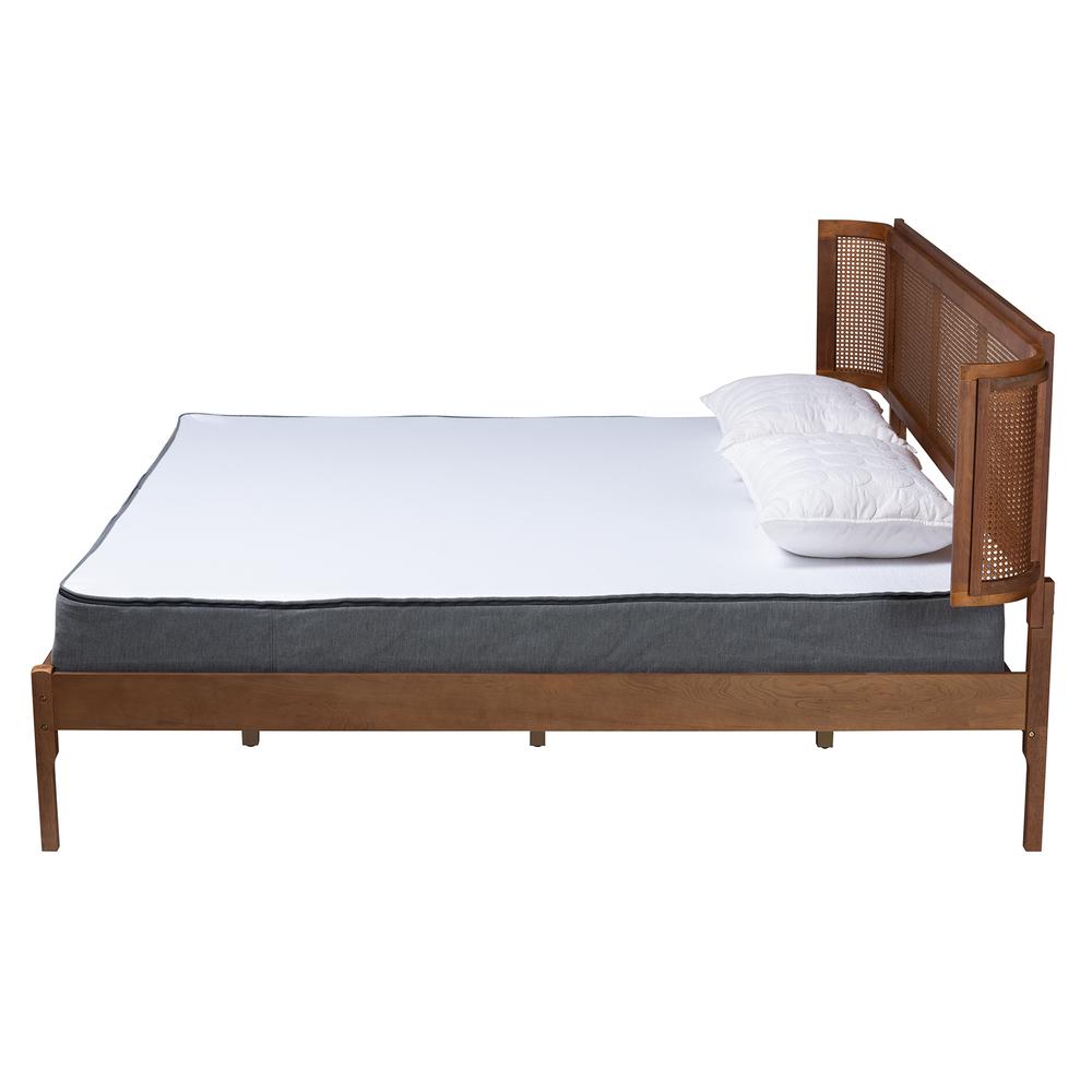 Walnut Brown Finished Wood and Natural Rattan King Size Platform Bed. Picture 11