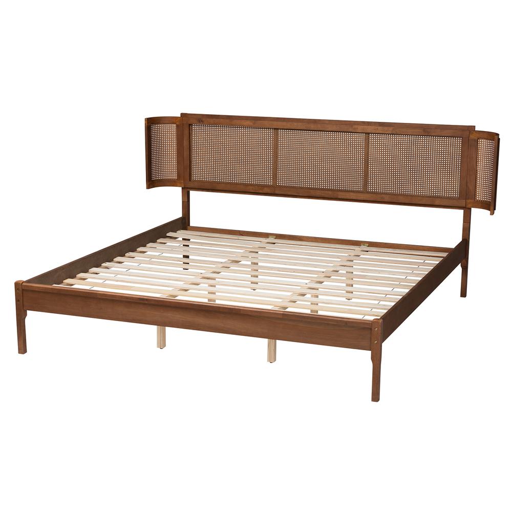 Walnut Brown Finished Wood and Natural Rattan King Size Platform Bed. Picture 12