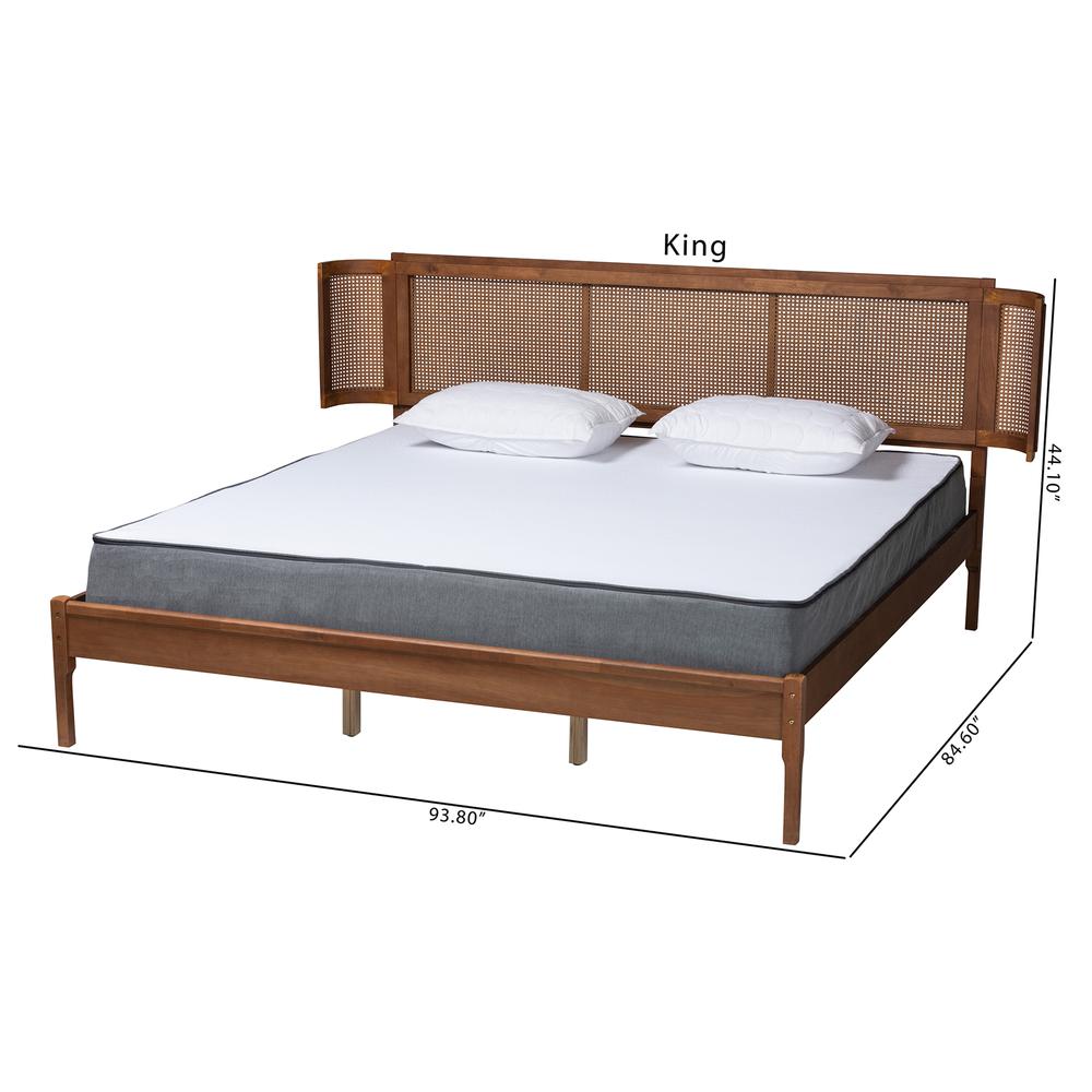 Walnut Brown Finished Wood and Natural Rattan King Size Platform Bed. Picture 18