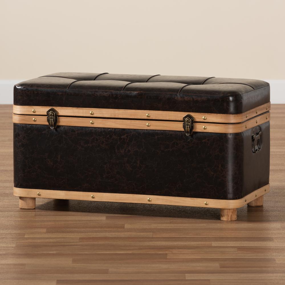 Leather Upholstered and Oak Brown Finished Wood Large Storage Ottoman. Picture 25