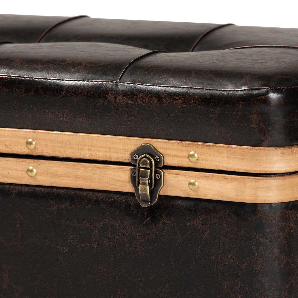 Leather Upholstered and Oak Brown Finished Wood Large Storage Ottoman. Picture 20