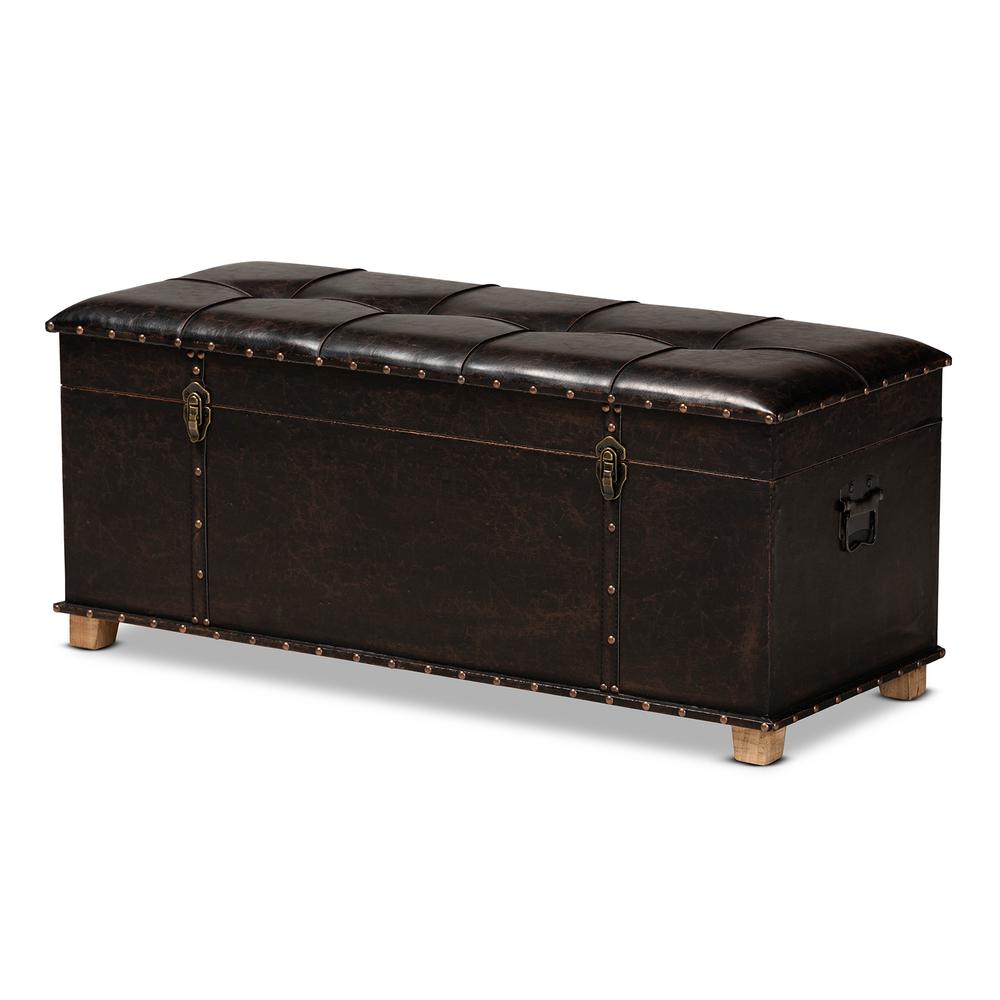 Leather Upholstered and Oak Brown Finished Wood Storage Ottoman. Picture 15
