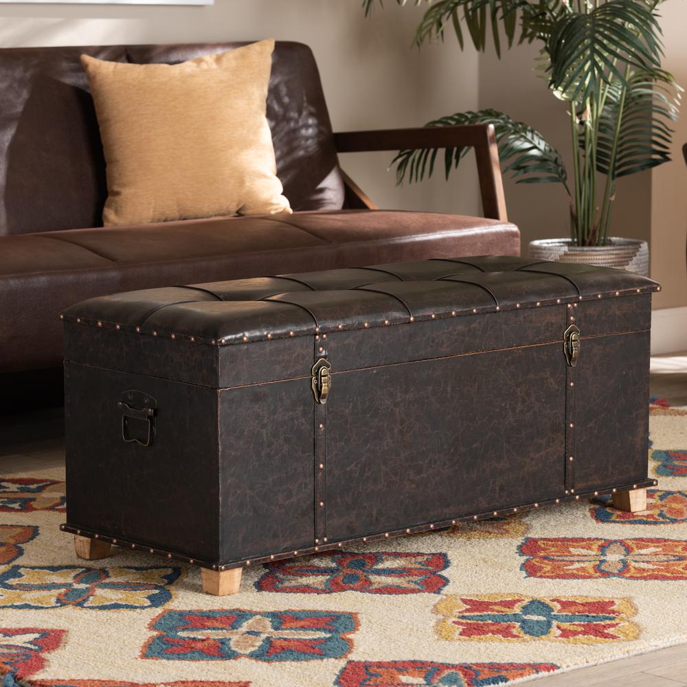 Leather Upholstered and Oak Brown Finished Wood Storage Ottoman. Picture 25