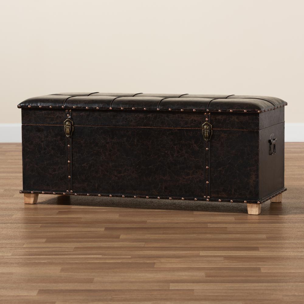 Leather Upholstered and Oak Brown Finished Wood Storage Ottoman. Picture 27