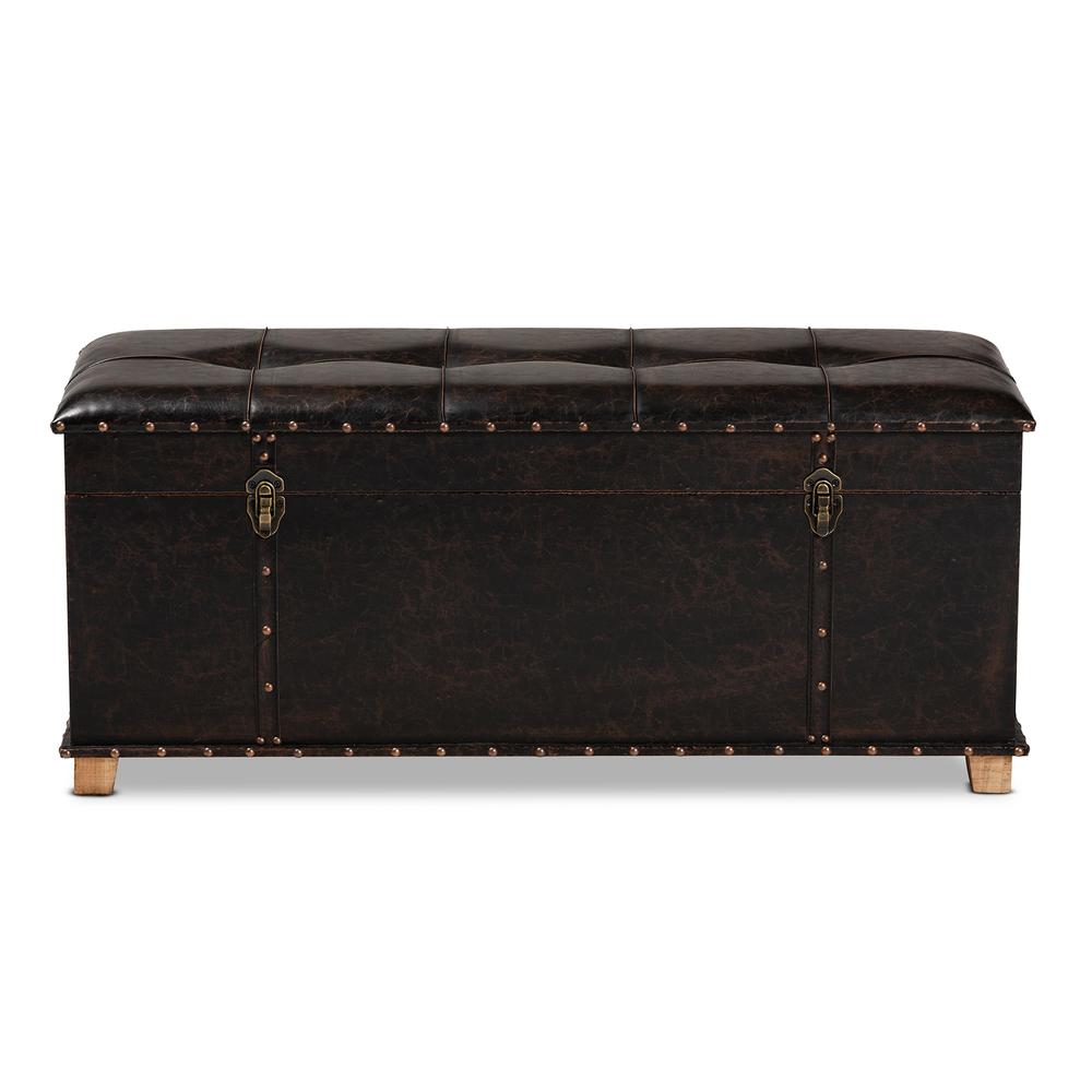 Leather Upholstered and Oak Brown Finished Wood Storage Ottoman. Picture 17