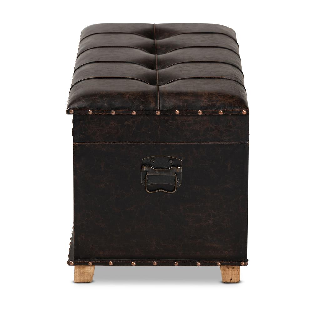 Leather Upholstered and Oak Brown Finished Wood Storage Ottoman. Picture 18