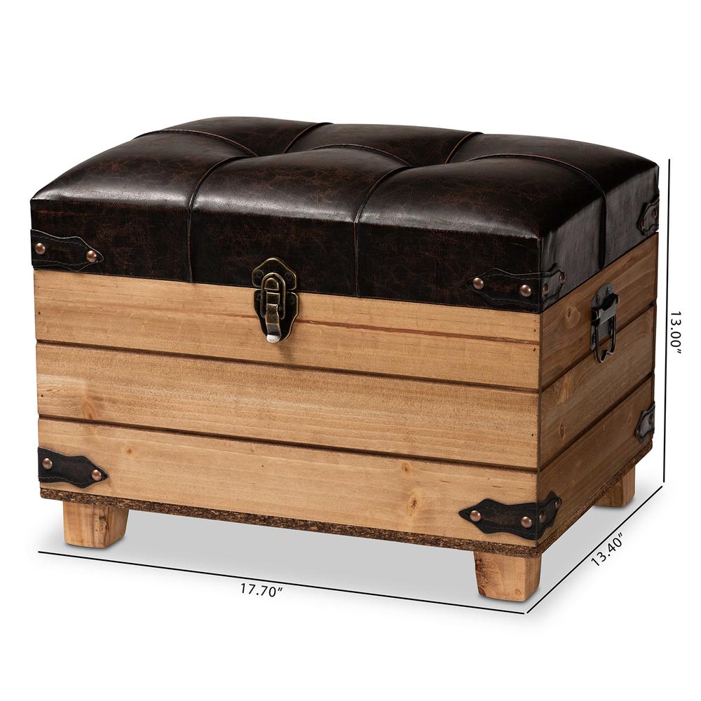 Leather Upholstered and Oak Brown Finished Wood Storage Ottoman. Picture 28