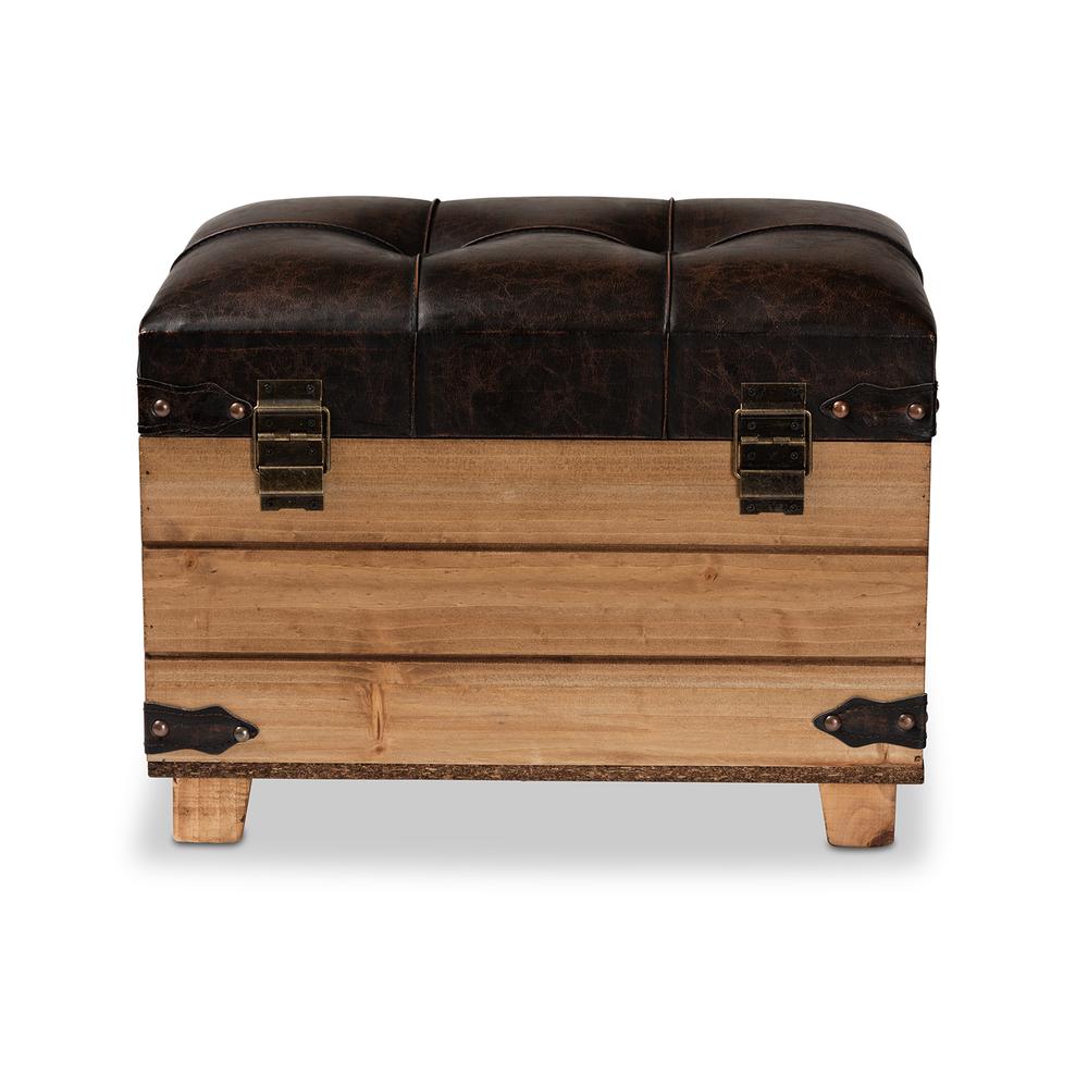 Leather Upholstered and Oak Brown Finished Wood Storage Ottoman. Picture 19
