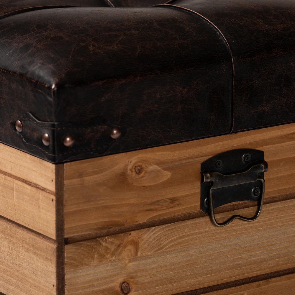 Leather Upholstered and Oak Brown Finished Wood Storage Ottoman. Picture 22
