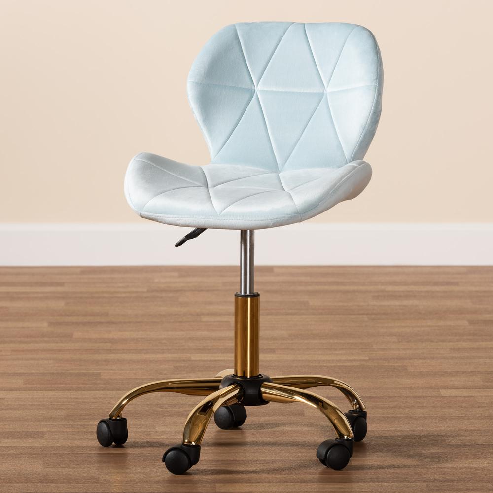 Glam and Luxe Aqua Velvet Fabric and Gold Metal Swivel Office Chair. Picture 24