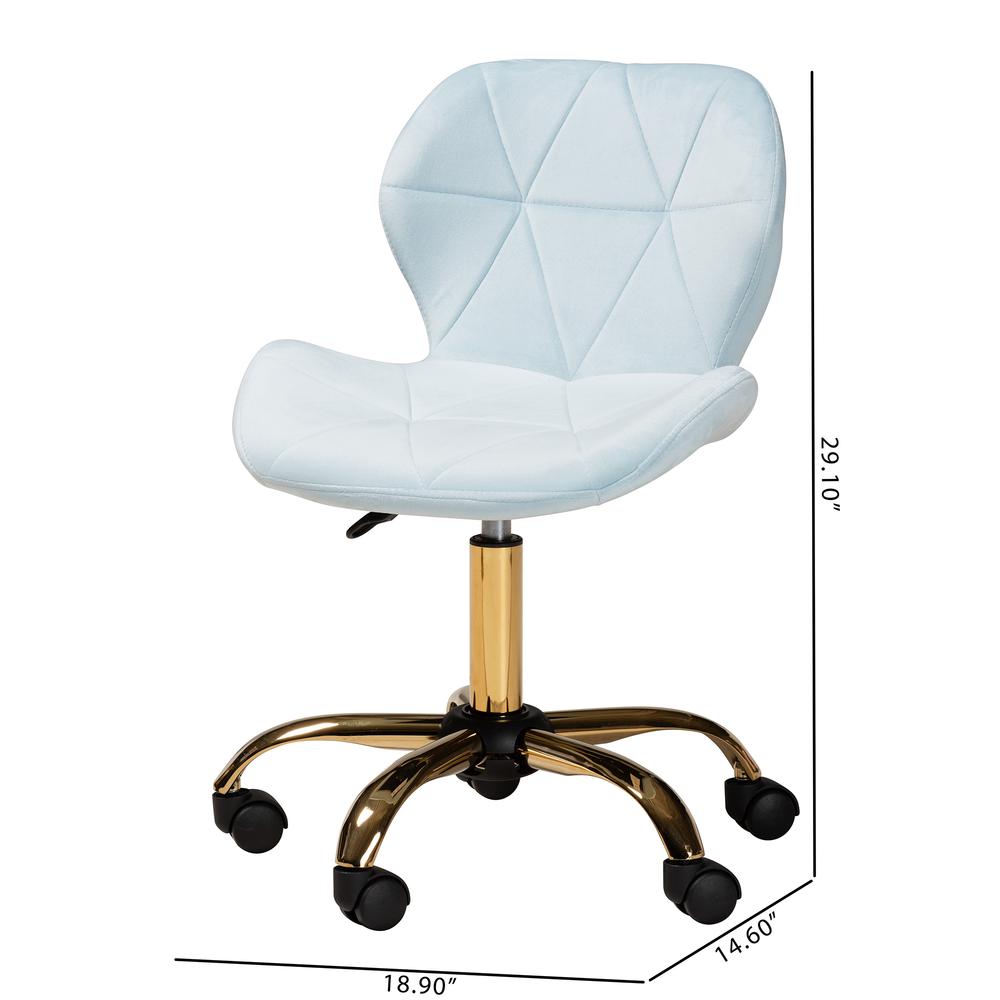 Glam and Luxe Aqua Velvet Fabric and Gold Metal Swivel Office Chair. Picture 25