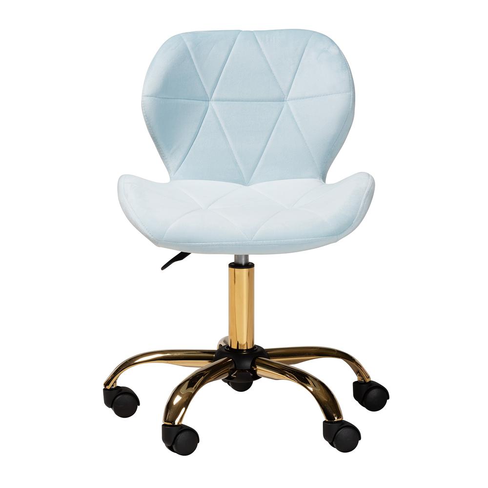 Glam and Luxe Aqua Velvet Fabric and Gold Metal Swivel Office Chair. Picture 15