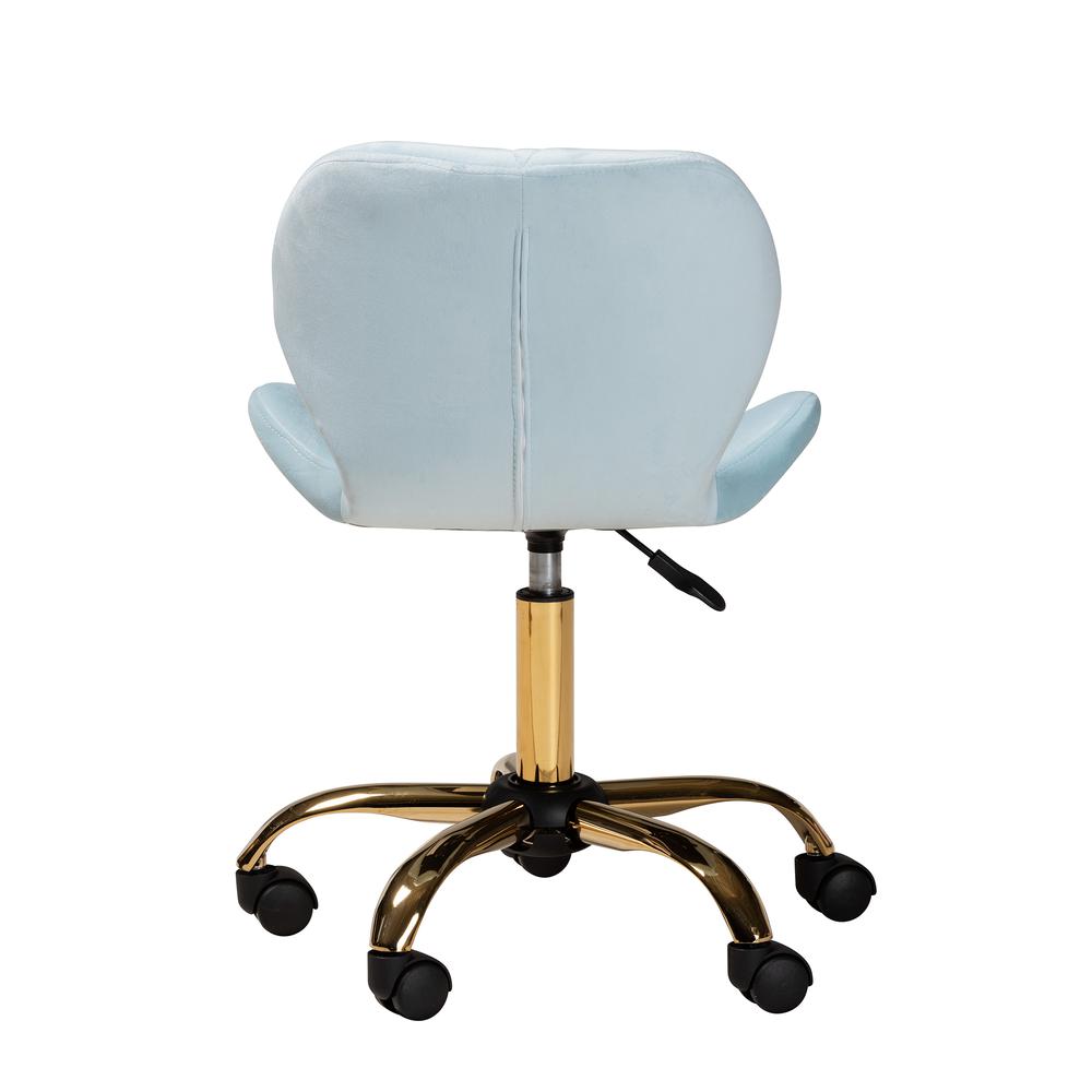 Glam and Luxe Aqua Velvet Fabric and Gold Metal Swivel Office Chair. Picture 17