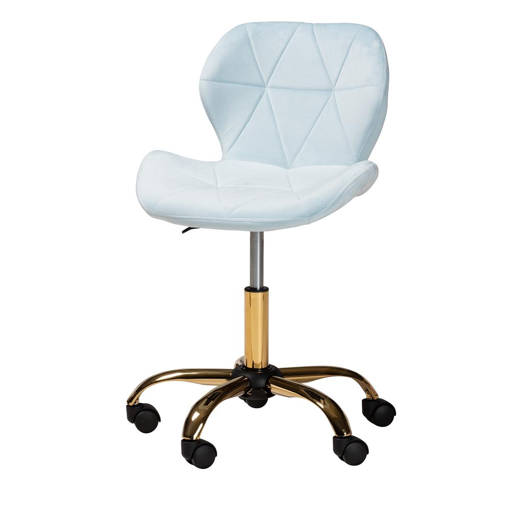 Glam and Luxe Aqua Velvet Fabric and Gold Metal Swivel Office Chair. Picture 18