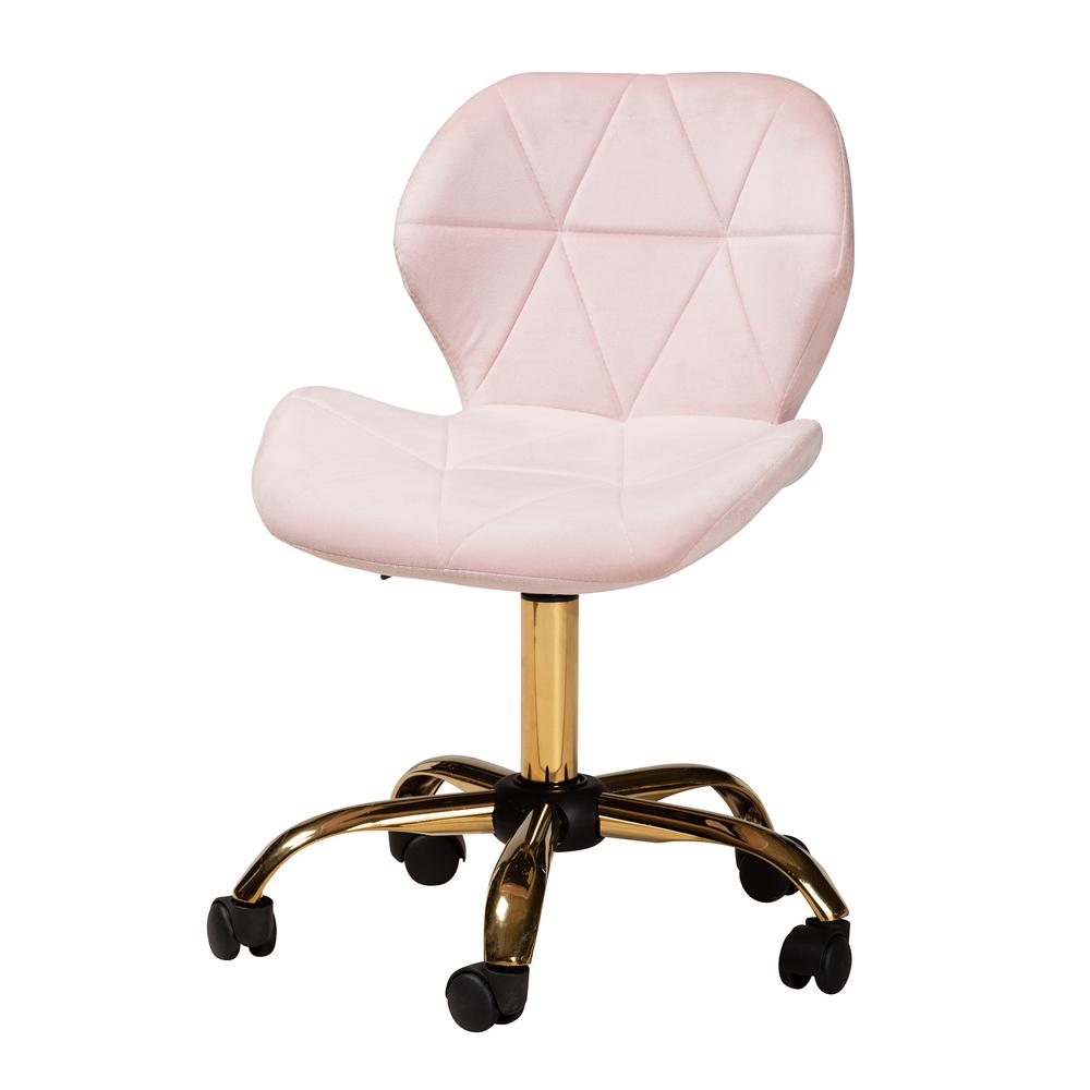 Glam and Luxe Blush Pink Velvet Fabric and Gold Metal Swivel Office Chair. Picture 14