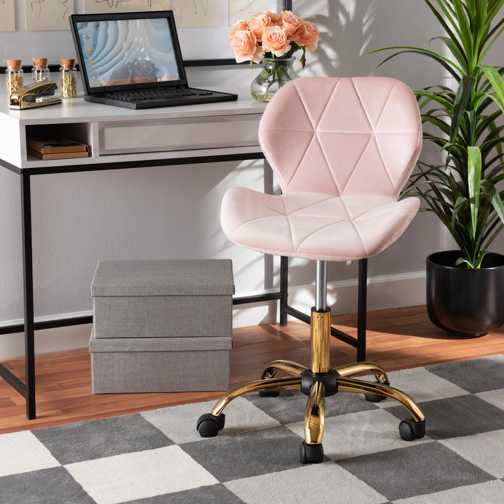 Glam and Luxe Blush Pink Velvet Fabric and Gold Metal Swivel Office Chair. Picture 23