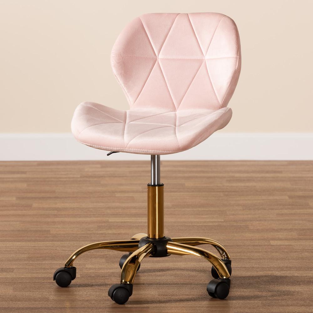 Glam and Luxe Blush Pink Velvet Fabric and Gold Metal Swivel Office Chair. Picture 24