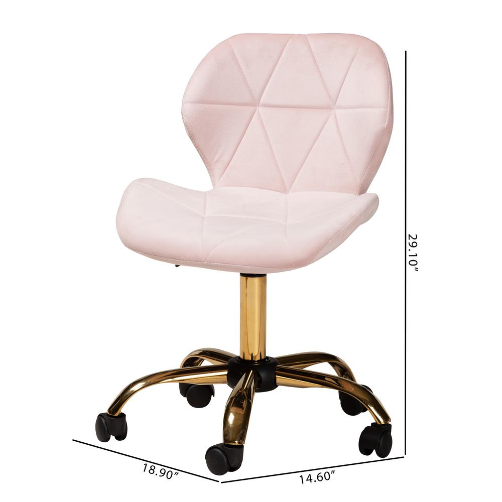 Glam and Luxe Blush Pink Velvet Fabric and Gold Metal Swivel Office Chair. Picture 25