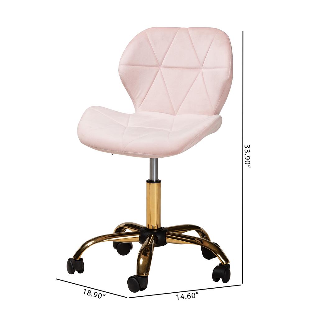 Glam and Luxe Blush Pink Velvet Fabric and Gold Metal Swivel Office Chair. Picture 26