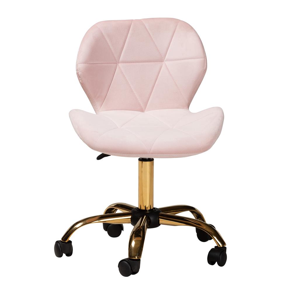 Glam and Luxe Blush Pink Velvet Fabric and Gold Metal Swivel Office Chair. Picture 15