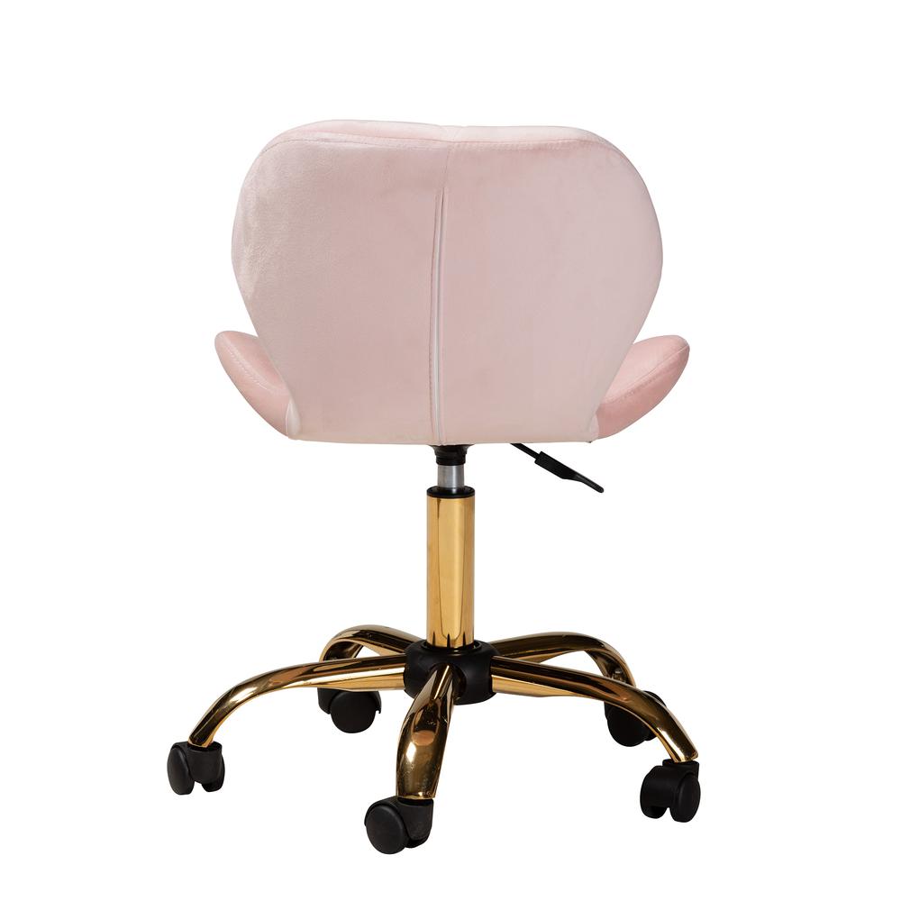 Glam and Luxe Blush Pink Velvet Fabric and Gold Metal Swivel Office Chair. Picture 17
