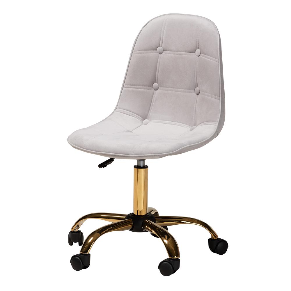 Glam and Luxe Grey Velvet Fabric and Gold Metal Swivel Office chair. Picture 14