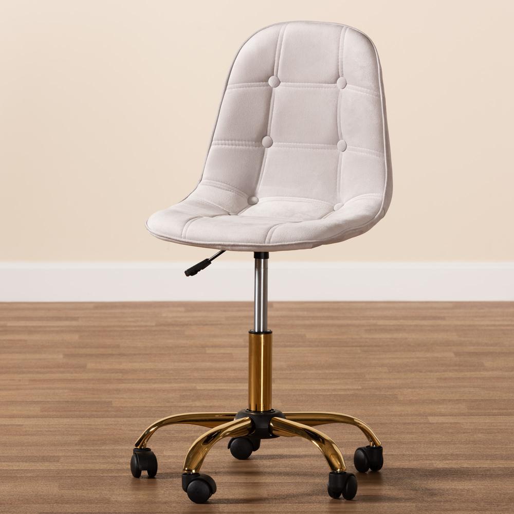 Glam and Luxe Grey Velvet Fabric and Gold Metal Swivel Office chair. Picture 24