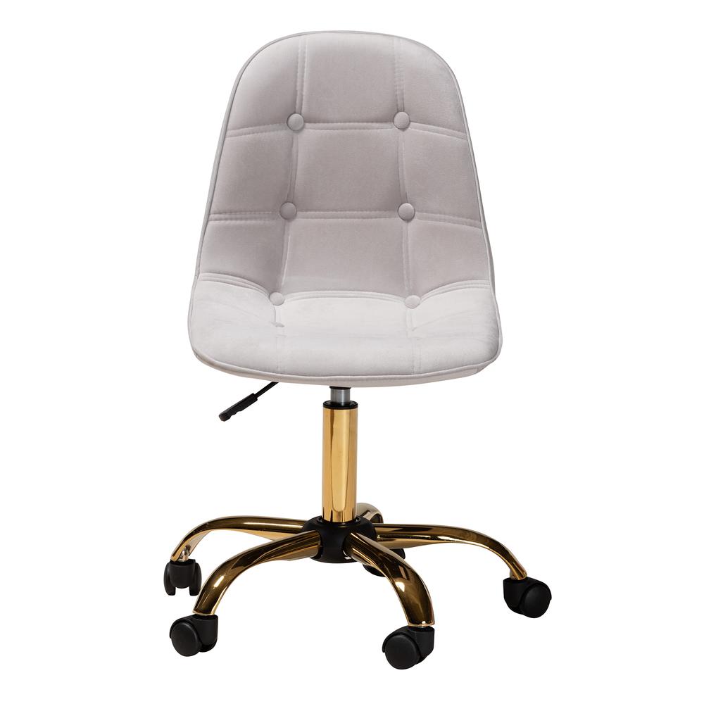 Glam and Luxe Grey Velvet Fabric and Gold Metal Swivel Office chair. Picture 15