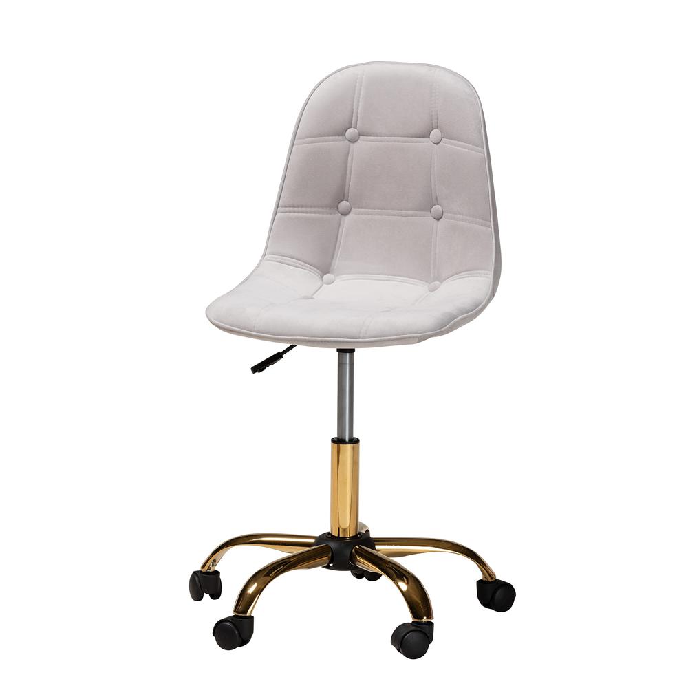 Glam and Luxe Grey Velvet Fabric and Gold Metal Swivel Office chair. Picture 18