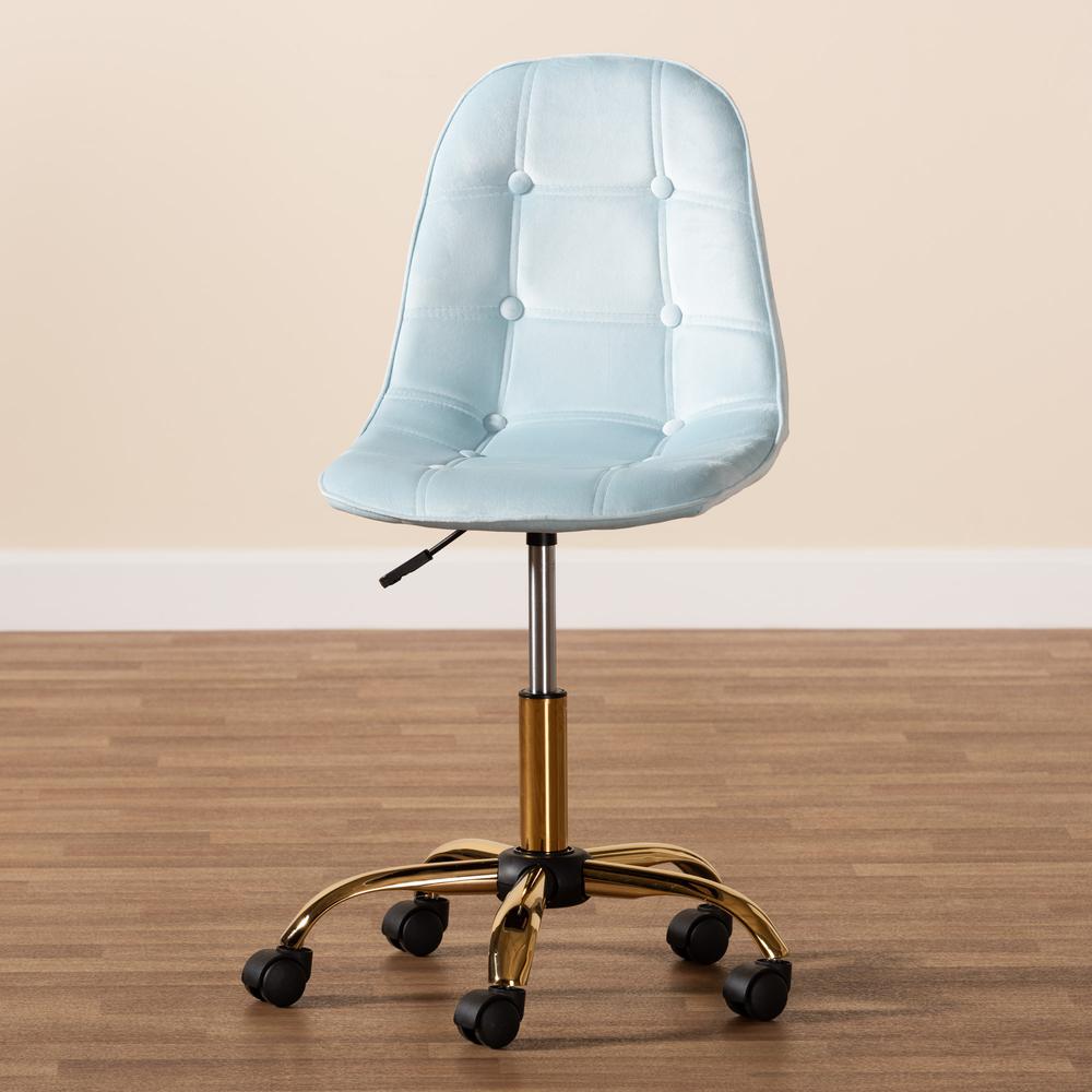Glam and Luxe Aqua Velvet Fabric and Gold Metal Swivel Office chair. Picture 24