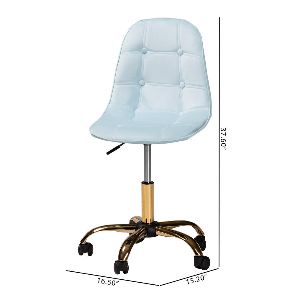 Glam and Luxe Aqua Velvet Fabric and Gold Metal Swivel Office chair. Picture 26