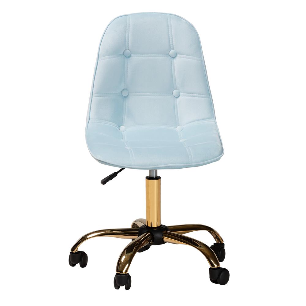 Glam and Luxe Aqua Velvet Fabric and Gold Metal Swivel Office chair. Picture 15