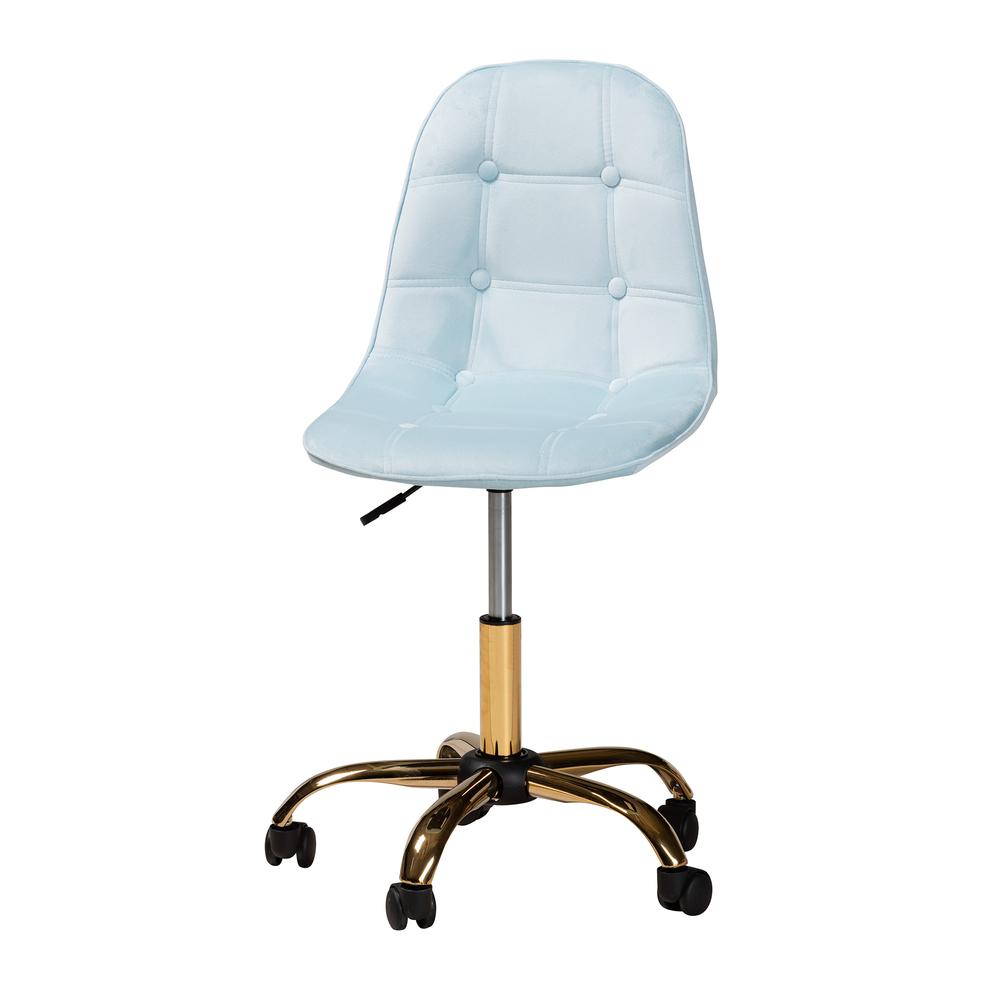 Glam and Luxe Aqua Velvet Fabric and Gold Metal Swivel Office chair. Picture 18
