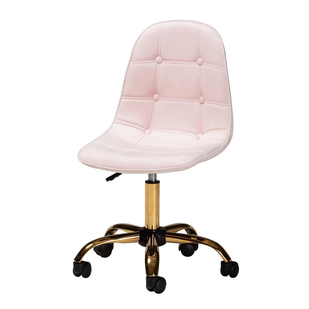 Glam and Luxe Blush Pink Velvet Fabric and Gold Metal Swivel Office chair. Picture 14