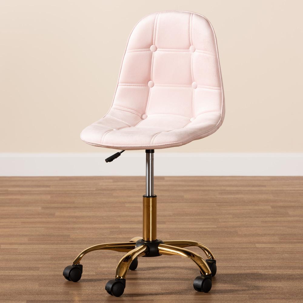Glam and Luxe Blush Pink Velvet Fabric and Gold Metal Swivel Office chair. Picture 24