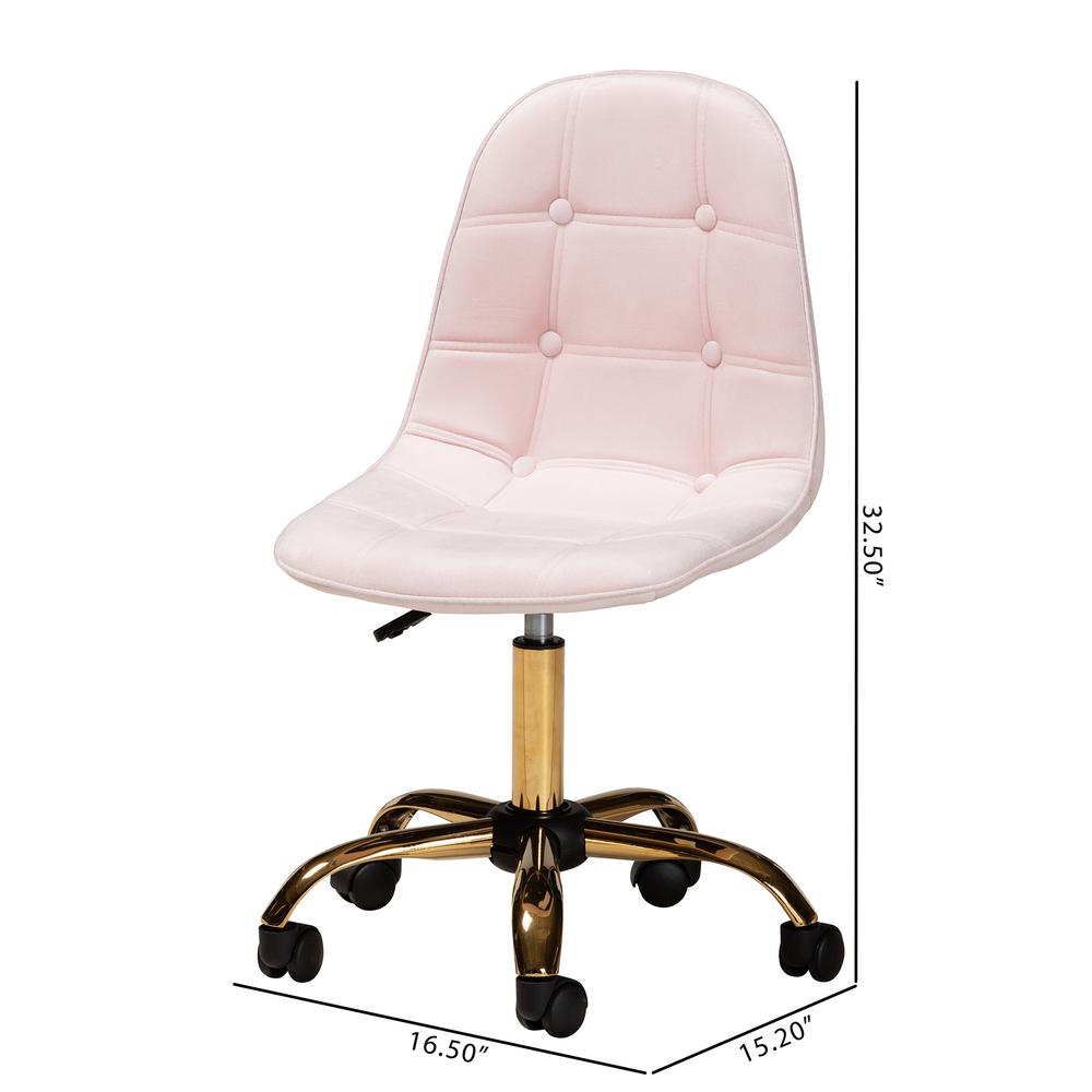 Glam and Luxe Blush Pink Velvet Fabric and Gold Metal Swivel Office chair. Picture 25