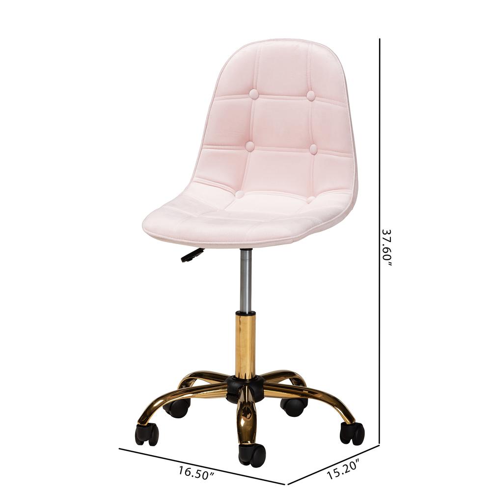 Glam and Luxe Blush Pink Velvet Fabric and Gold Metal Swivel Office chair. Picture 26