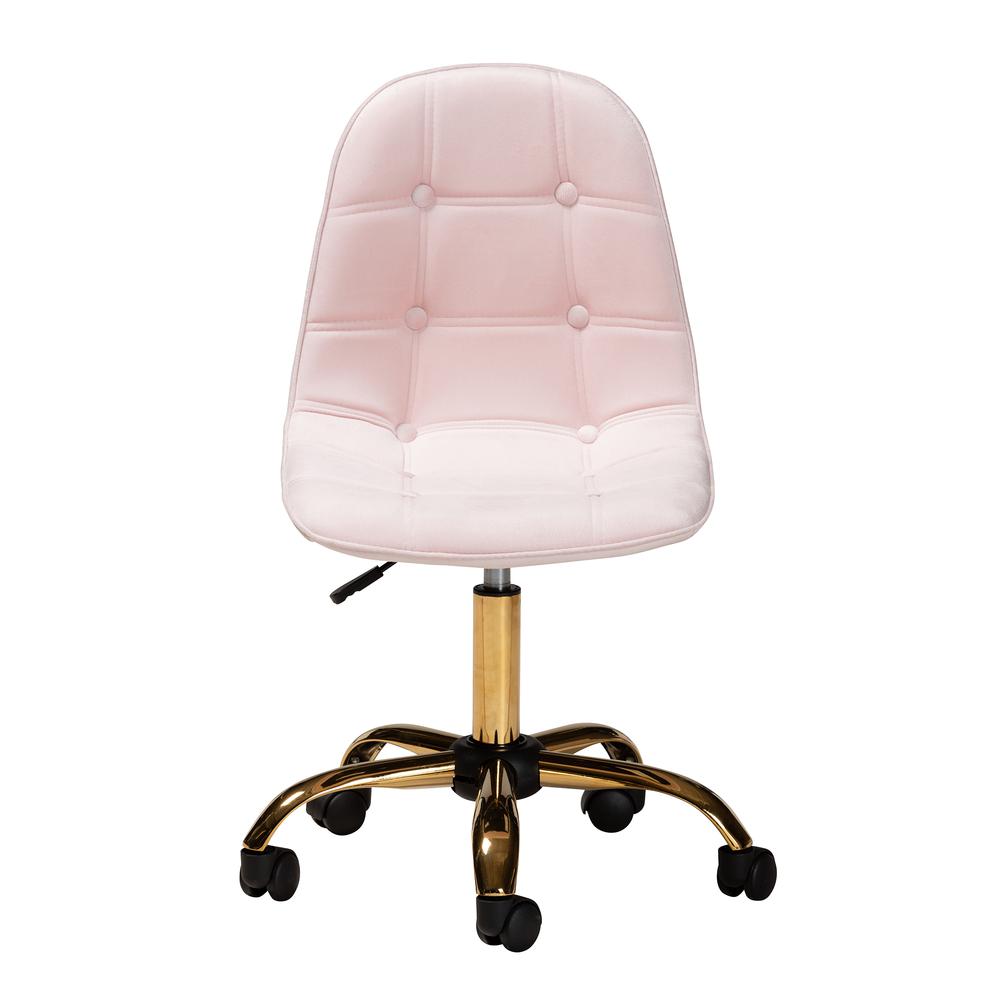 Glam and Luxe Blush Pink Velvet Fabric and Gold Metal Swivel Office chair. Picture 15