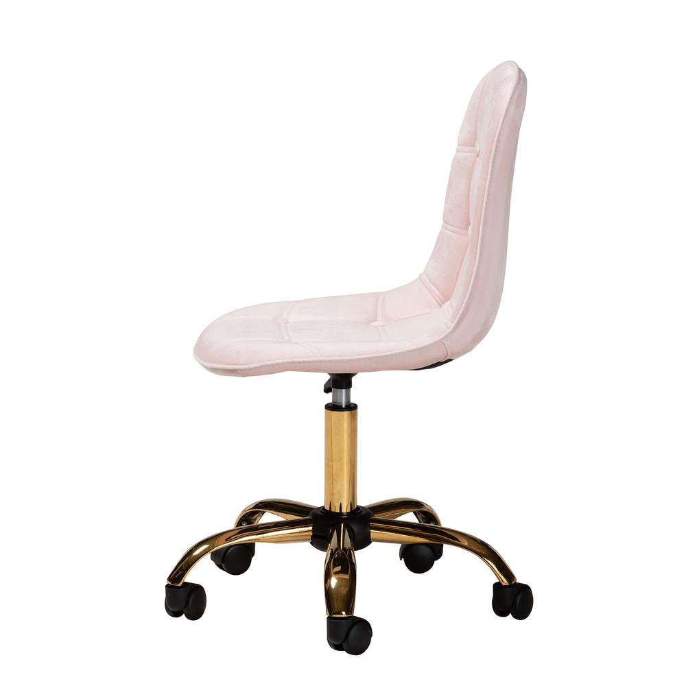 Glam and Luxe Blush Pink Velvet Fabric and Gold Metal Swivel Office chair. Picture 16