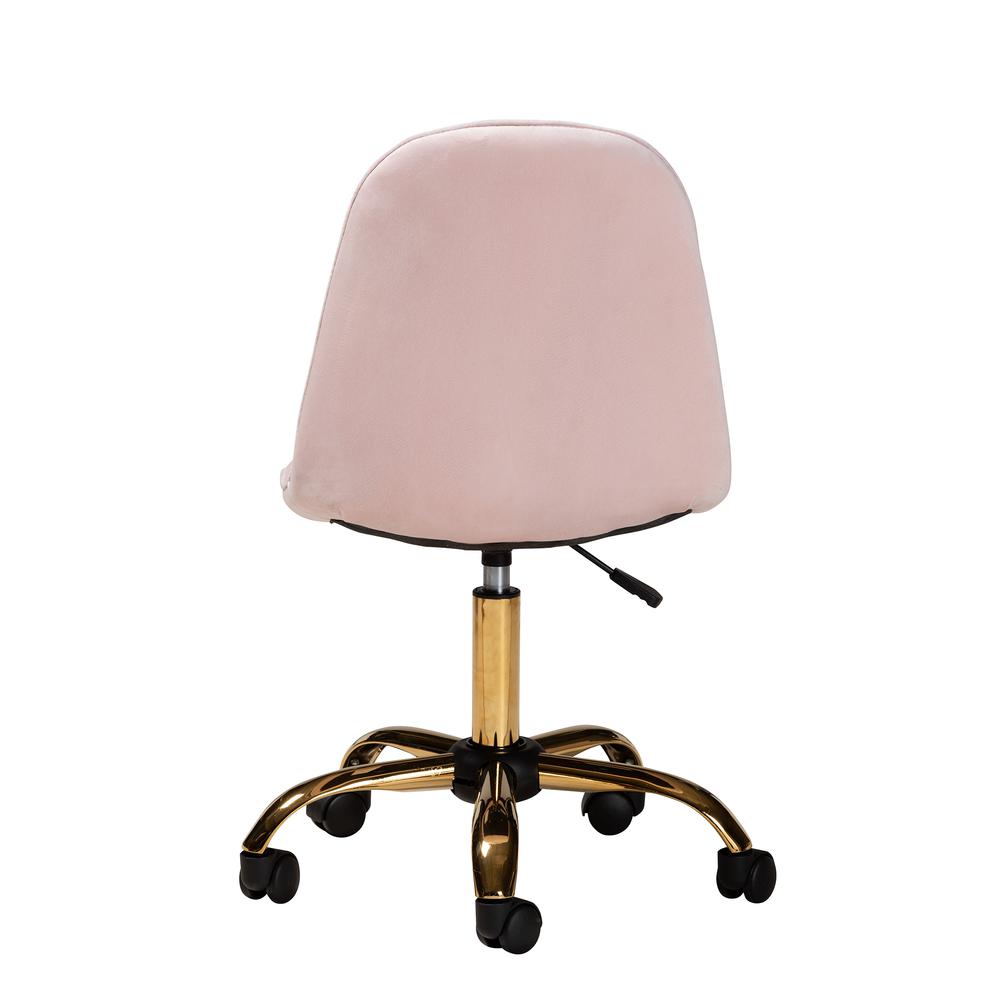 Glam and Luxe Blush Pink Velvet Fabric and Gold Metal Swivel Office chair. Picture 17