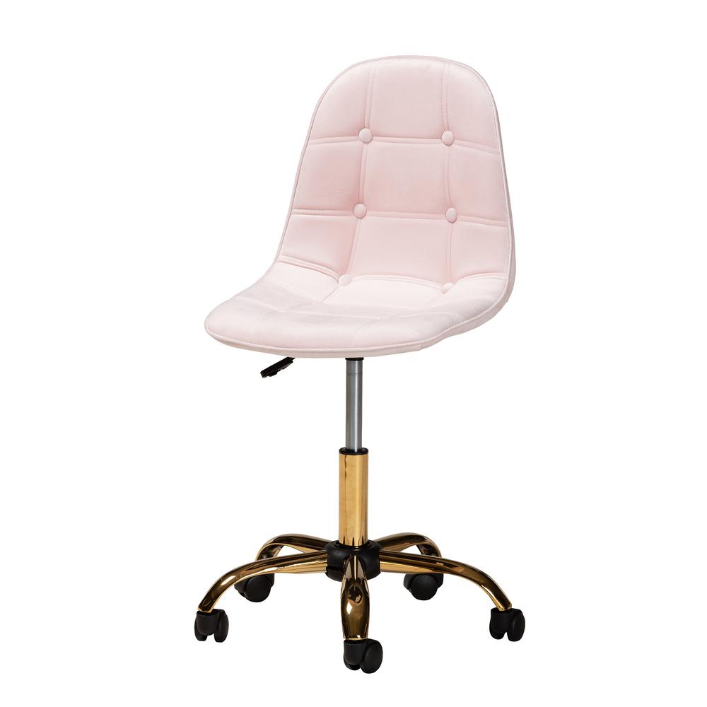 Glam and Luxe Blush Pink Velvet Fabric and Gold Metal Swivel Office chair. Picture 18