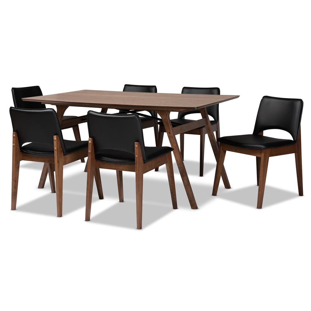 Leather Upholstered and Walnut Brown Finished Wood 7-Piece Dining Set. Picture 10