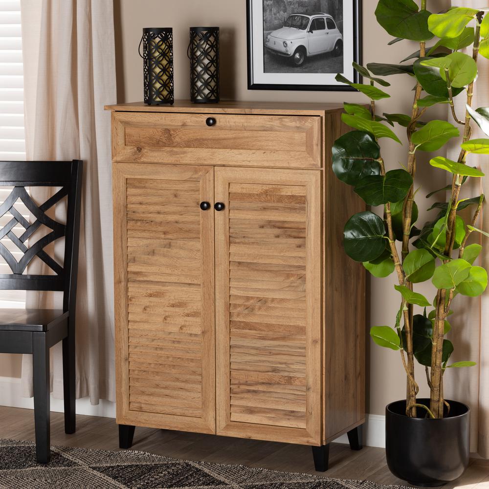 Oak Brown Finished Wood 5-Shelf Shoe Storage Cabinet. Picture 20