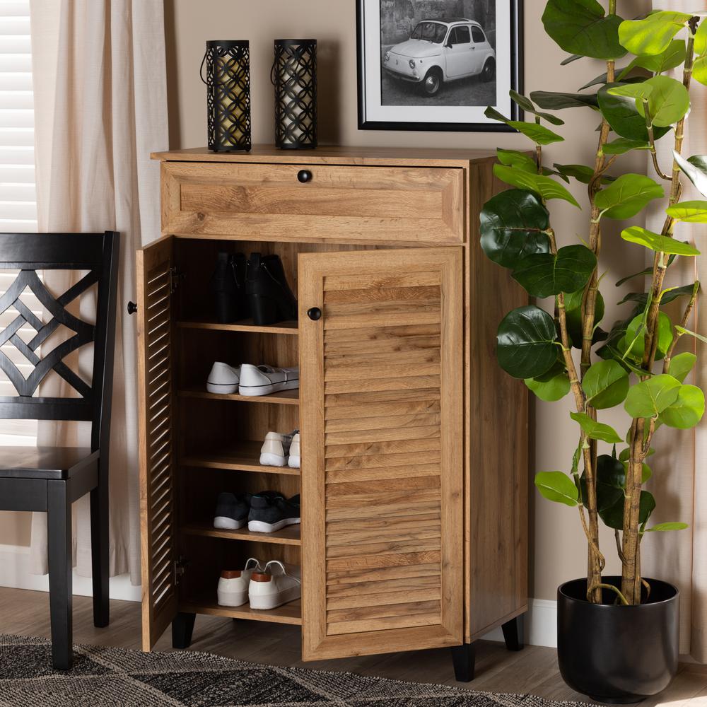 Oak Brown Finished Wood 5-Shelf Shoe Storage Cabinet. Picture 21