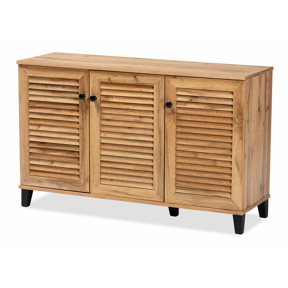 Oak Brown Finished Wood 3-Door Shoe Storage Cabinet. Picture 13