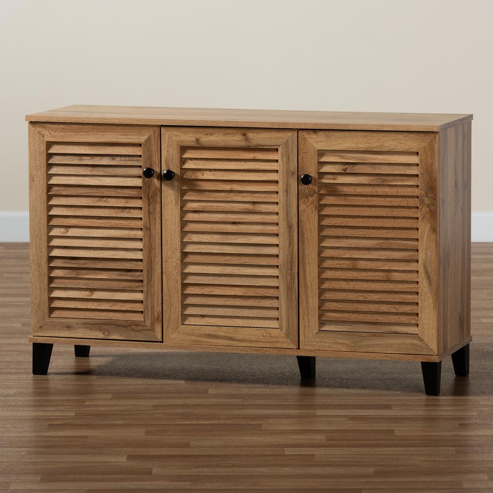 Oak Brown Finished Wood 3-Door Shoe Storage Cabinet. Picture 22