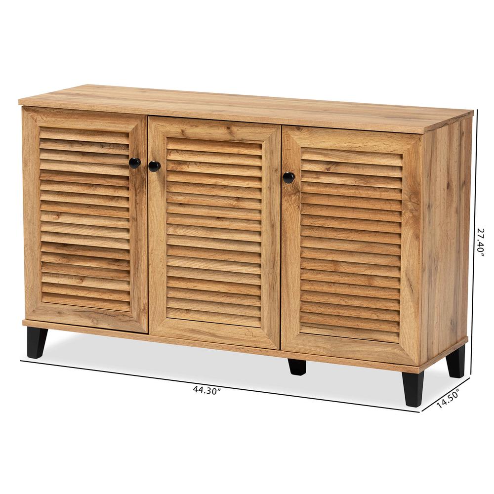 Oak Brown Finished Wood 3-Door Shoe Storage Cabinet. Picture 23