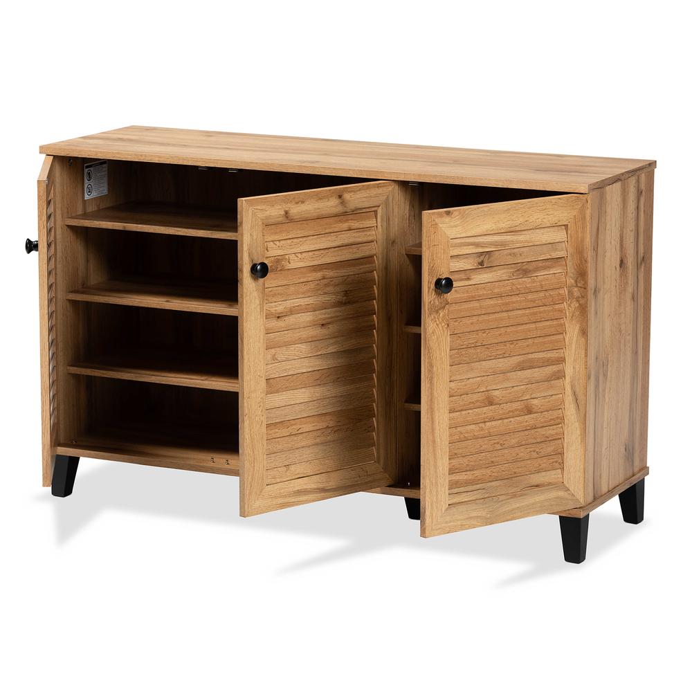 Oak Brown Finished Wood 3-Door Shoe Storage Cabinet. Picture 14