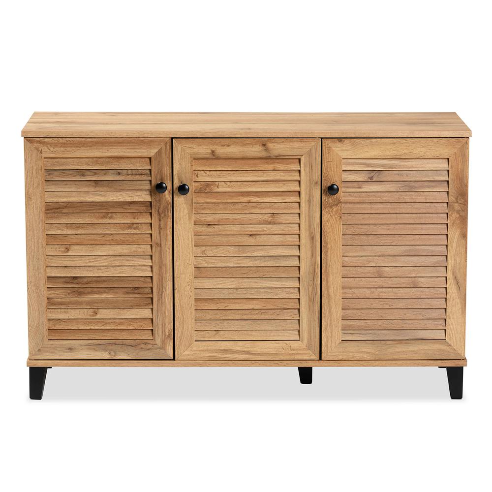 Oak Brown Finished Wood 3-Door Shoe Storage Cabinet. Picture 15