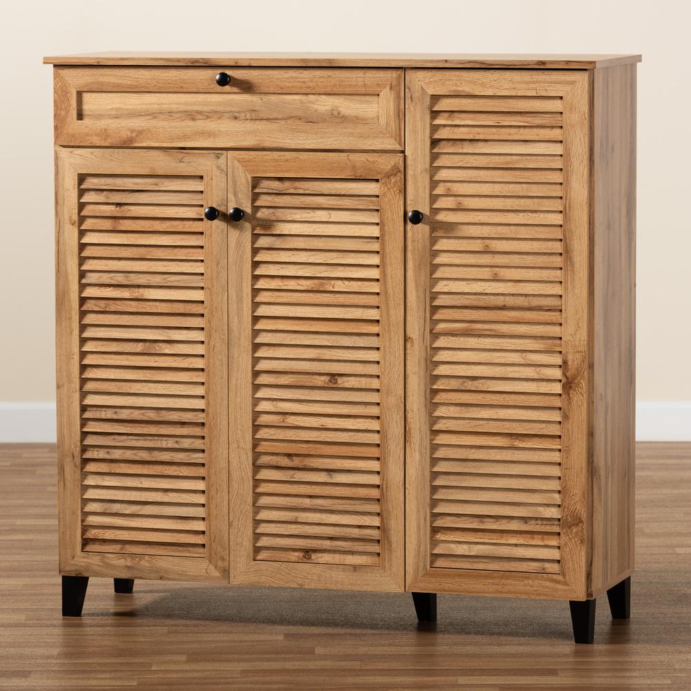 Oak Brown Finished Wood 3-Door Shoe Storage Cabinet with Drawer. Picture 22